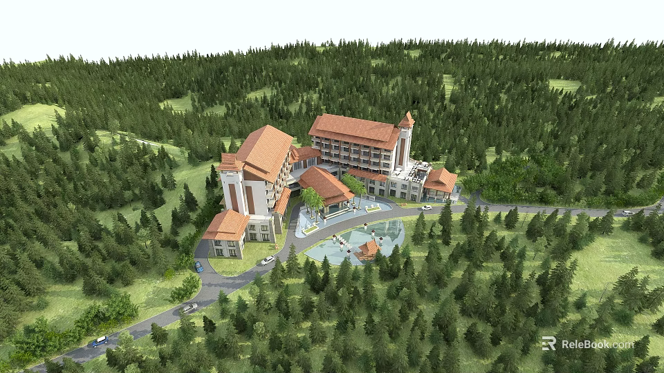 Hotel Building Architecture with Red Roofs Surrounded by Lush Forest and Courtyard Design 3d model 