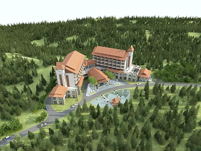 Hotel Building Architecture with Red Roofs Surrounded by Lush Forest and Courtyard Design 3d model