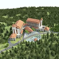 Hotel Building Architecture with Red Roofs Surrounded by Lush Forest and Courtyard Design