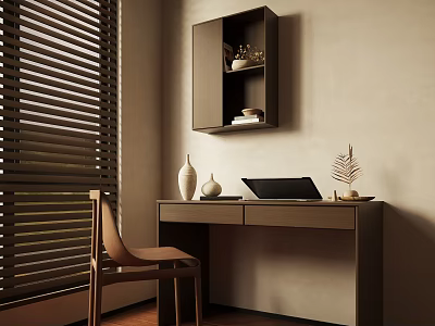 Minimalist Modern Desk With Window Blinds Wall Mounted Cabinet Laptop Vase And Chair 3d model