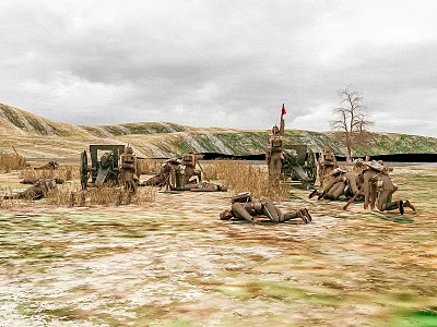 Cartoon Battlefield Scene With Soldiers Hills Flag Tree Grass Dirt And Cloudy Sky Ground 3d model