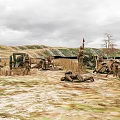 Cartoon Battlefield Scene With Soldiers Hills Flag Tree Grass Dirt And Cloudy Sky Ground