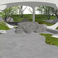 Modern Pergola Structure With Trees Rocks Gray Tiled Floor And Green Grass Area