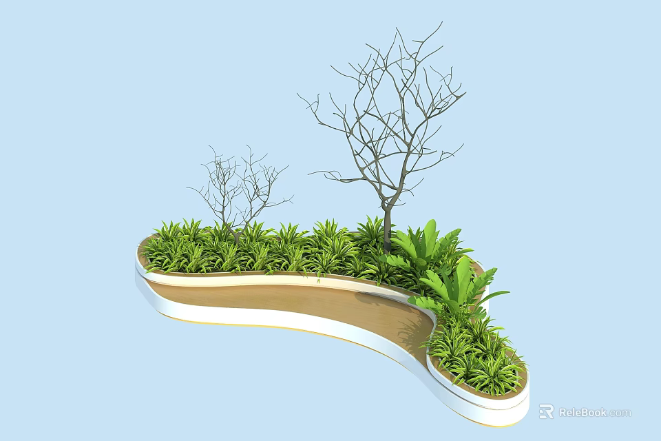 Outdoor Chair In Garden With Curved Planter Green Plants And Leafless Trees 3d model 