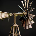 Rusted Windmill Equipment With Metal Blades Moss Growth And Wooden Stand