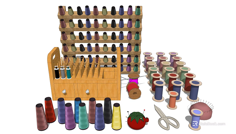 Essential Sewing Living Supplies with Thread Spools Scissors Needles Thread Rack and Wooden Cabinet 3d model 