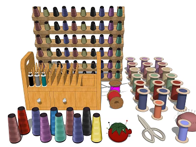 Essential Sewing Living Supplies with Thread Spools Scissors Needles Thread Rack and Wooden Cabinet 3d model