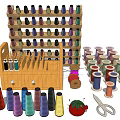 Essential Sewing Living Supplies with Thread Spools Scissors Needles Thread Rack and Wooden Cabinet