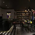 Elegant Restaurant Interior With Colorful Stained Glass Brass Chandeliers And City Night View