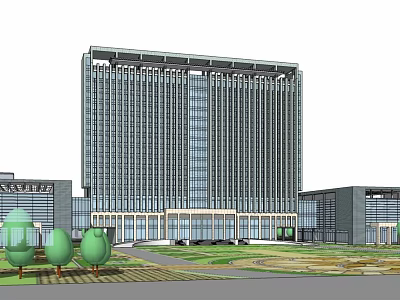 Modern High Rise Office Building With Glass Curtain Wall And Landscaped Garden 3d model