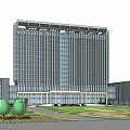 Modern High Rise Office Building With Glass Curtain Wall And Landscaped Garden