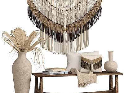 Bohemian Decorative Ornament Set with Macramé Wall Hanging Palm Vase Cushions Blanket on Wooden Bench 3d model