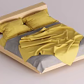 Double Bed With Wooden Frame Yellow Pillows And Gray Bed Sheets 3d model