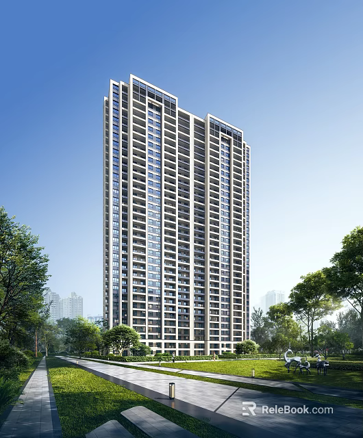 High Rise Modern Residential Building Surrounded By Green Trees And Blue Sky 3d model 