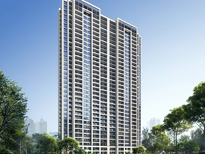 High Rise Modern Residential Building Surrounded By Green Trees And Blue Sky 3d model