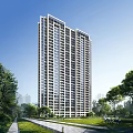 High Rise Modern Residential Building Surrounded By Green Trees And Blue Sky