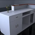Modern Reception Desk with White Main Body Brown Countertop and Wooden Shelves Holding Vase Flowers