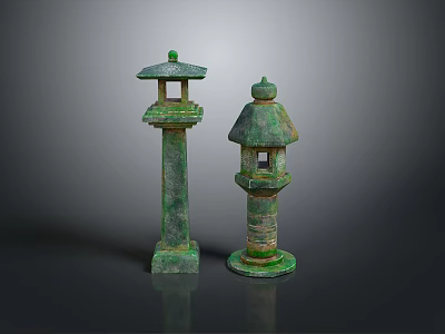 Ancient Green Bronze Lanterns With Traditional Tower Structure And Ornate Hollowed Details 3d model