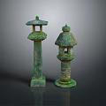 Ancient Green Bronze Lanterns With Traditional Tower Structure And Ornate Hollowed Details