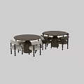 Round Wooden Dining Table Set With Four Light Upholstered Chairs And Black Spherical Legs