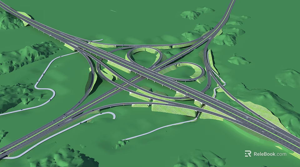 Multi Level Complex Interchange Bridge With Multiple Loops And Green Surrounding Landscape 3d model
