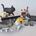 Colorful Cute Cat Figurine Decorative Ornament Set With Cup Glassware On Stacked Books