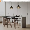 Modern Kitchen Bar Counter With Pendant Lights Black Bar Stools White Cabinets And Marble Top