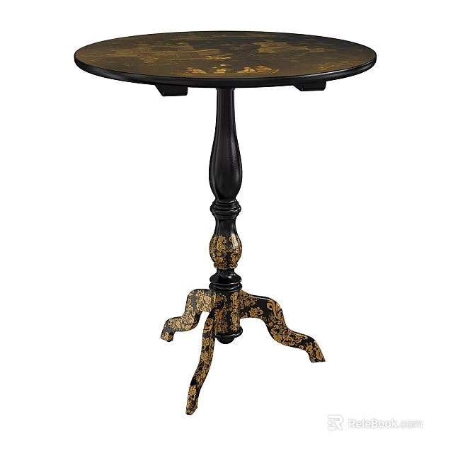 Round Functional Table With Ornate Carved Design And Vintage Style Dark Wooden Finish Decorative Legs 3d model 