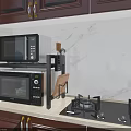 Black Microwave Ovens On Kitchen Storage Rack With Knives And Cutting Board 3d model