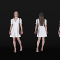 Woman in White Dress with Brown Bag Long Hair and High Heels from Different Angles