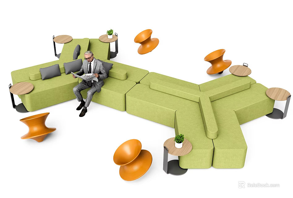 Modern Green Modular Sofa Set With Orange Side Tables And Small Plants 3d model