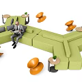 Modern Green Modular Sofa Set With Orange Side Tables And Small Plants 3d model