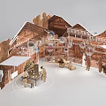 Traditional Architectural Exhibition Hall With Wooden Structure Figure Models And Display Tables