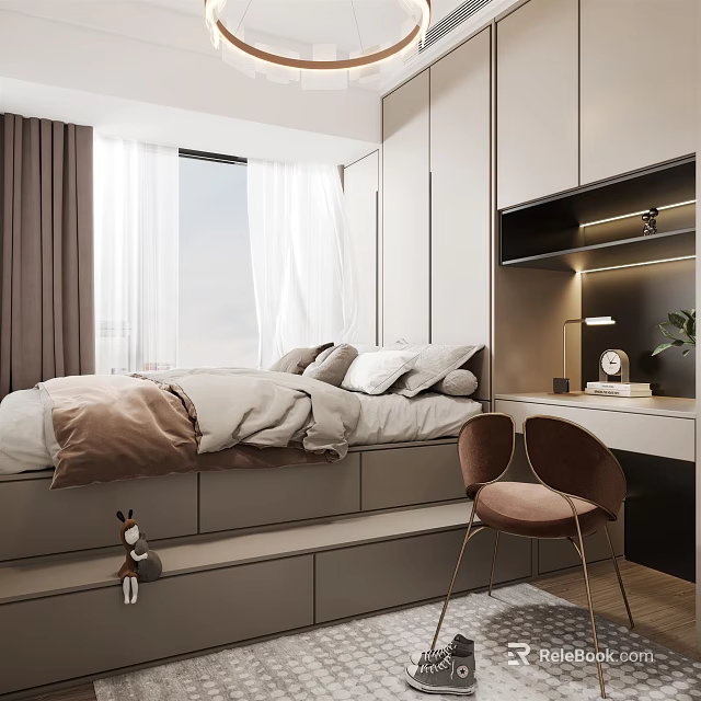 Tatami Bedroom Interior Design with Storage Bed Desk Chair and Window Curtains 3d model 
