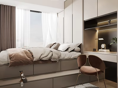 Tatami Bedroom Interior Design with Storage Bed Desk Chair and Window Curtains 3d model
