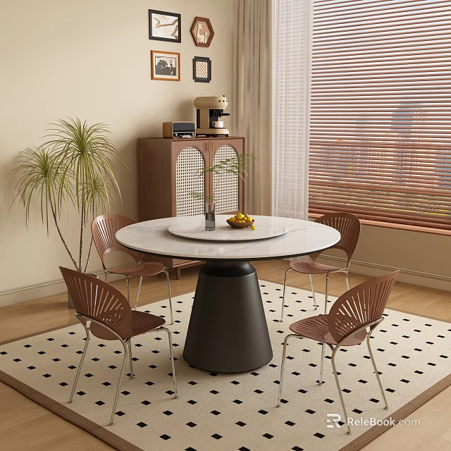 Modern Dining Room Featuring Round White Table Black Base Brown Chairs Vase Fruits Window Blinds 3d model 