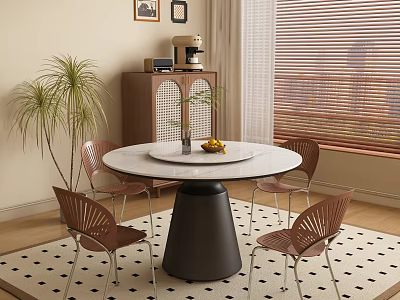 Modern Dining Room Featuring Round White Table Black Base Brown Chairs Vase Fruits Window Blinds 3d model