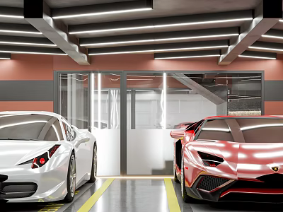Modern Parking Garage With White And Red Sports Cars Parked Near Glass Doors 3d model