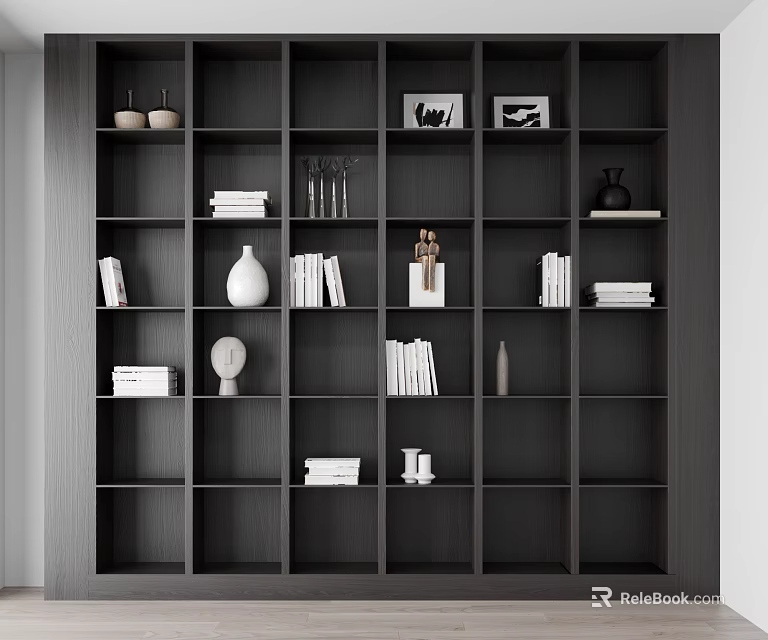 Modern Dark Wood Open Bookcase With Multiple Shelves And Decorative Items 3d model