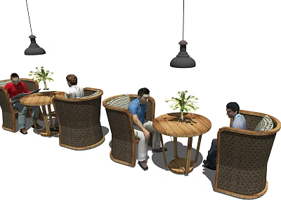Woven Rattan Table and Chair Set with Round Tabletop Hanging Lamps and Potted Plants 3d model
