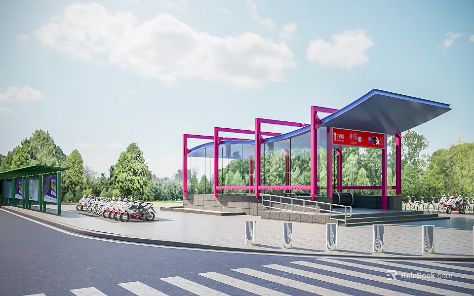 Modern Bus Stop With Pink Frame Blue Canopy Red Signboard Green Trees And Shared Bicycles 3d model 