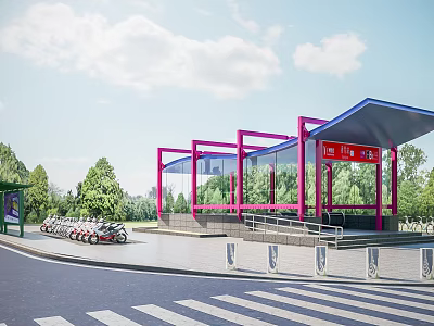 Modern Bus Stop With Pink Frame Blue Canopy Red Signboard Green Trees And Shared Bicycles 3d model