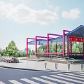 Modern Bus Stop With Pink Frame Blue Canopy Red Signboard Green Trees And Shared Bicycles
