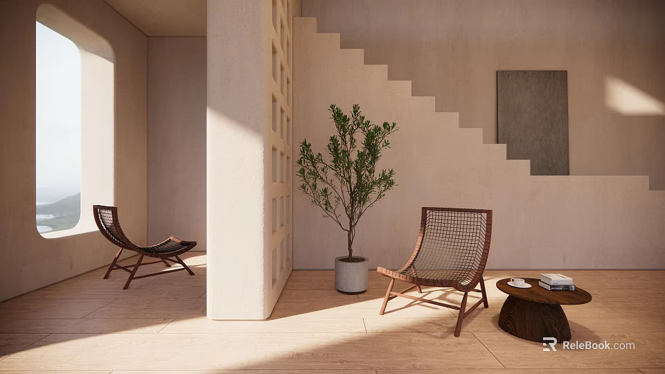 Stylish Woven Leisure Chairs In Sunlit Interior With Potted Olive Tree And Wooden Table 3d model 