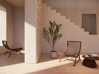 Stylish Woven Leisure Chairs In Sunlit Interior With Potted Olive Tree And Wooden Table 3d model