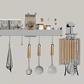 Wall Mounted Black Kitchen Shelf With Spice Bottles Coffee Bag And Hanging Utensils