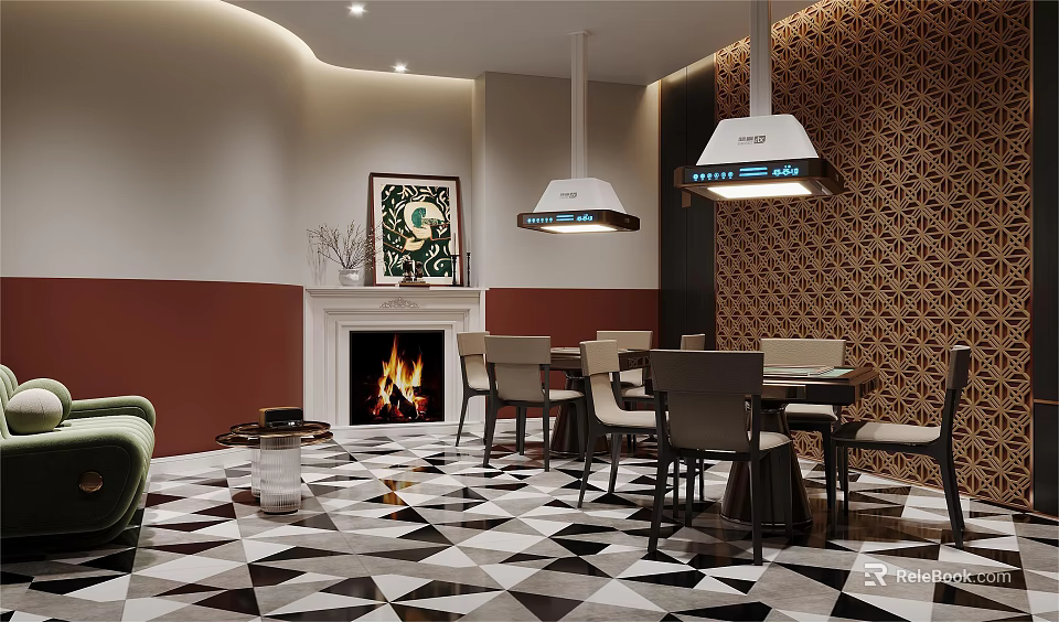 Modern Interior Design With Fireplace Dining Table Geometric Patterned Floor Decorative Painting And Pendant Lights 3d model 