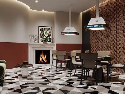 Modern Interior Design With Fireplace Dining Table Geometric Patterned Floor Decorative Painting And Pendant Lights 3d model