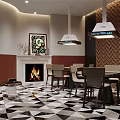 Modern Interior Design With Fireplace Dining Table Geometric Patterned Floor Decorative Painting And Pendant Lights