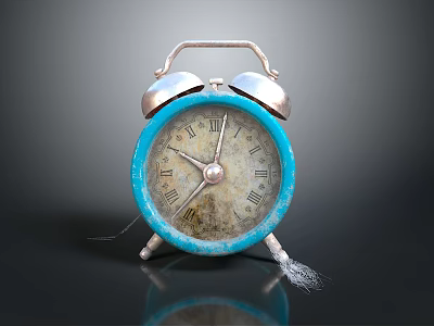 Vintage Blue Alarm Clock With Double Bells Roman Numeral Dial Worn Reflection On Black Surface 3d model